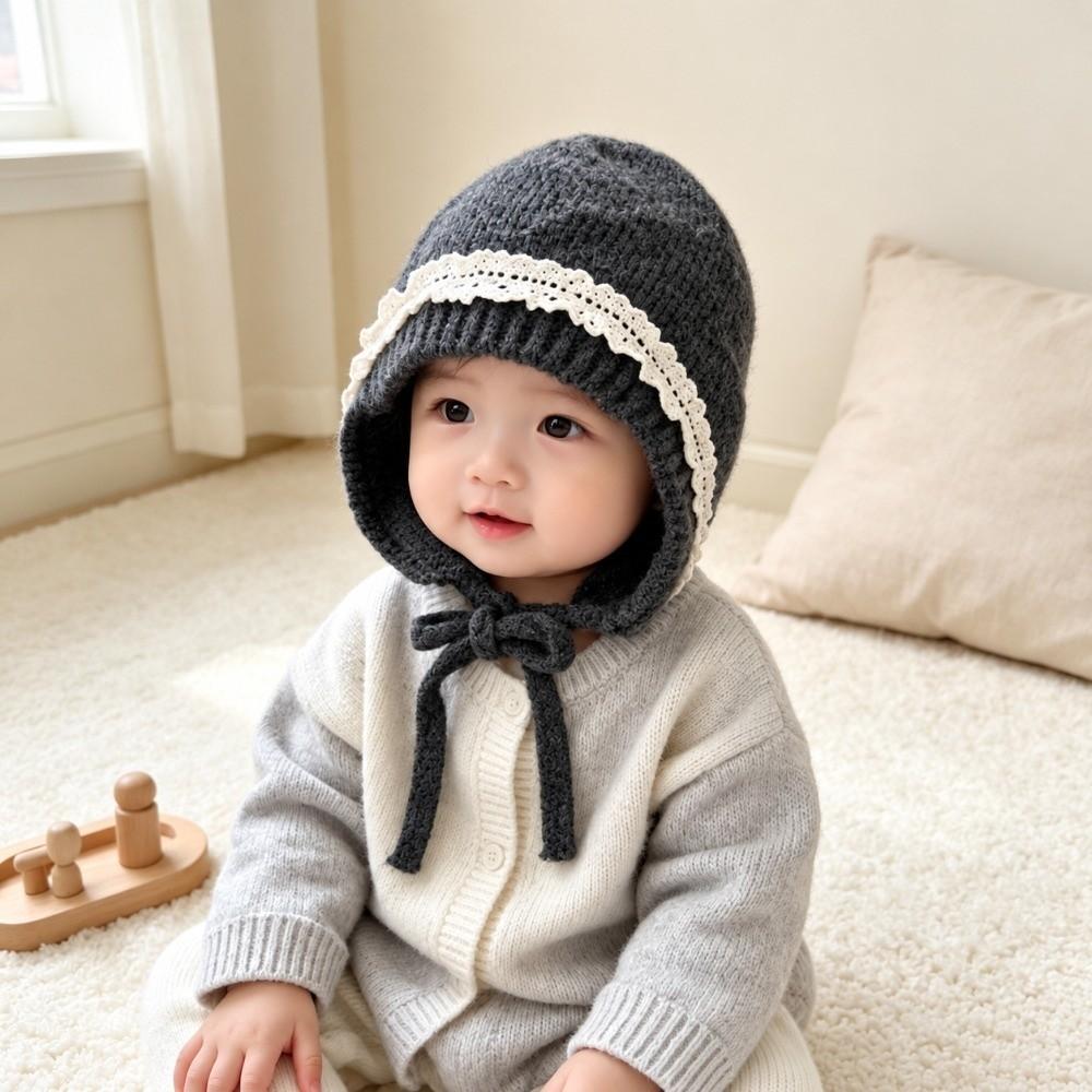 Tie Closure Kids Knit Hat Lace Trim Baby Beanie Cap New Lace Trim Hat  Girls