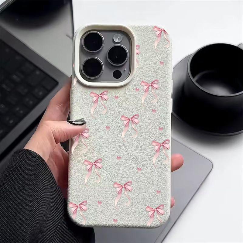 Pink Bow Pattern Leather Texture TPU Case For iPhone 16E 16 15 14 13 Pro Max 12 15 Pro 11 Shockproof Soft Silicone Phone Cover