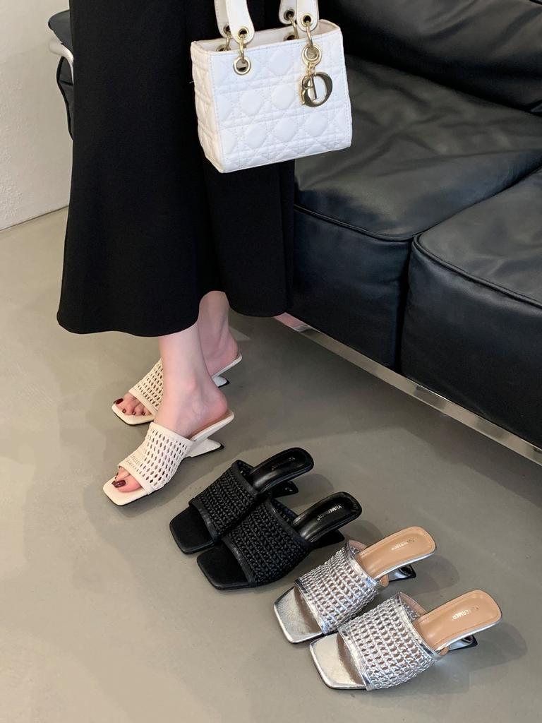 2025 European and American Light Luxury Casual Style Woven Special-shaped Wedge Heel Medium and High Heel Slippers Large Size