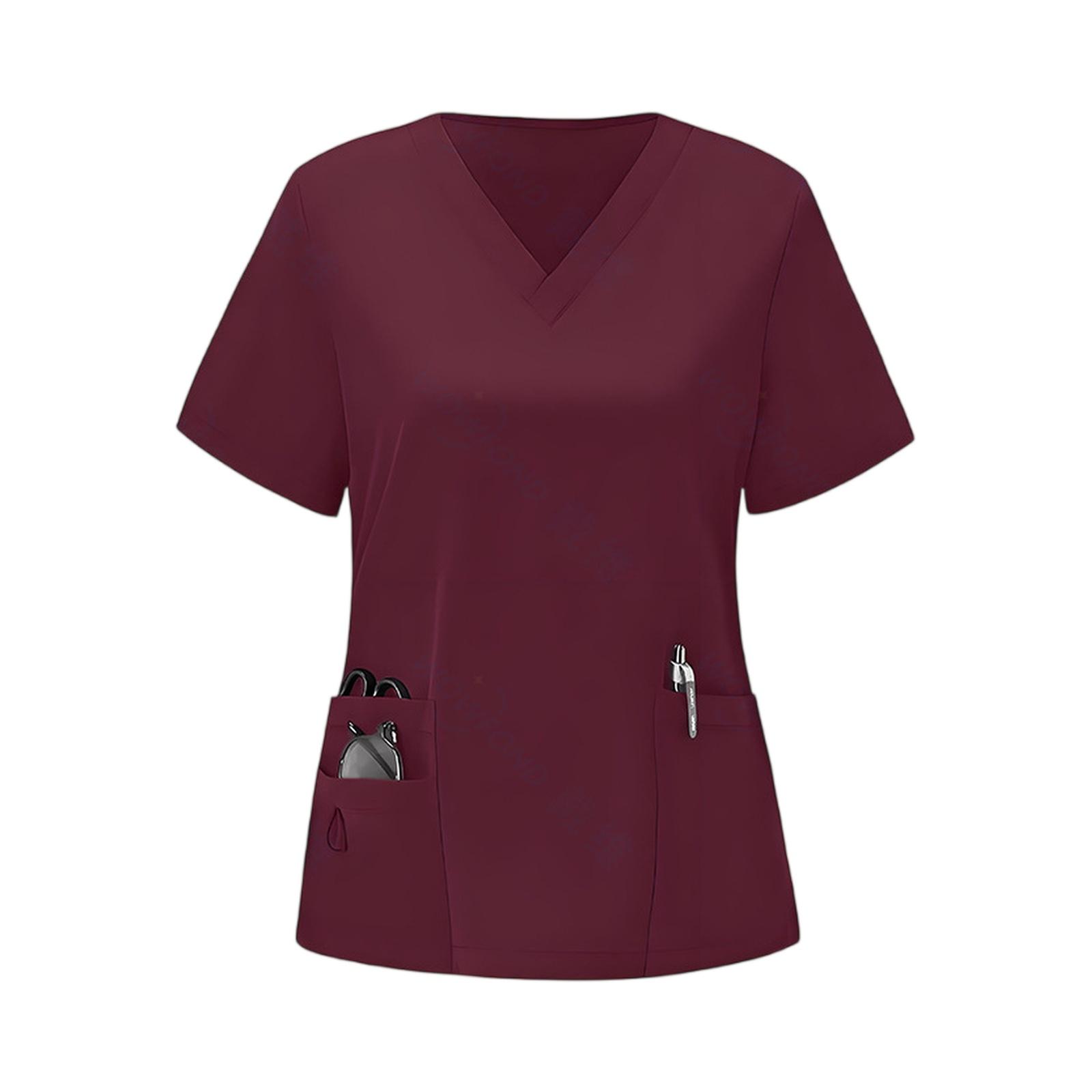 

Women s Elastic Quick-Drying V-Neck Pocket Short-Sleeve Caregiver Work Uniform XL винний