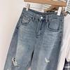 Gaten Jeans Dames Hoge Taille Rechte Kruis Los Slank Ontwerp High-street Sfeer Wijde Pijpen Sleepbroeken