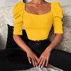 Women's Spring New Women's Simple Square Neck Puff Sleeve Top Women's Short Sleeve