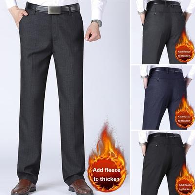 Men Suit Pants Straight Thick Plush Loose Solid Color Soft Pockets Mid Waist Zipper Button Closure Formal Business Style Warm Father Long Office