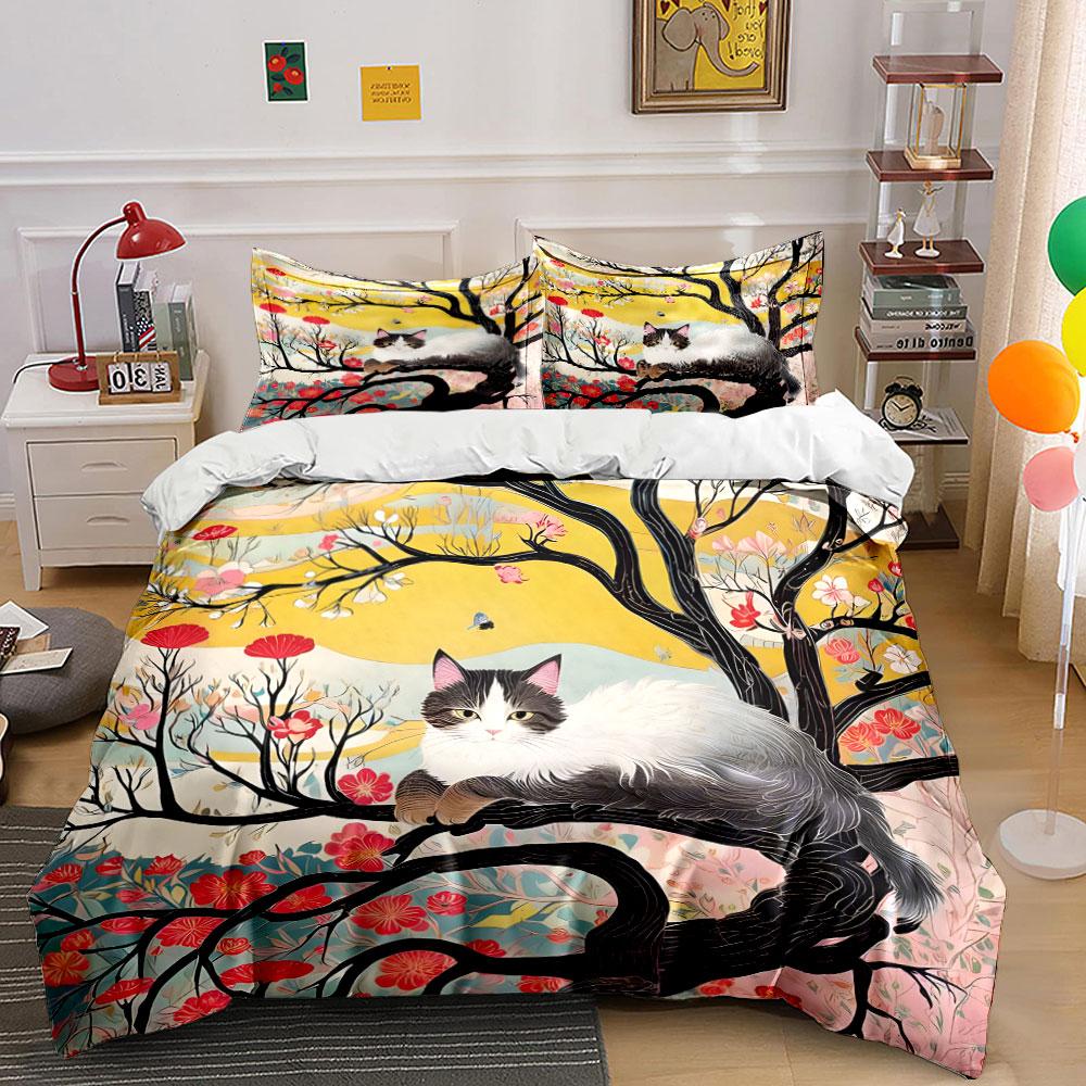 "Cat Art Three-Piece Decorative Set" Bedding Set with 1 Duvet Cover 2 Pillowcases Single Double King Queen, Gift