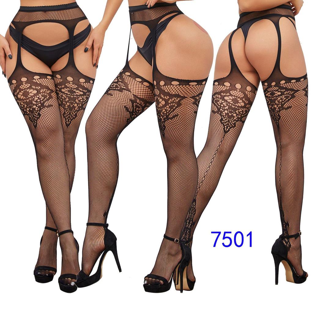 Women's Sexy Crotchless Fishnet Suspender Stockings with Eye Jacquard Design - Style 7501