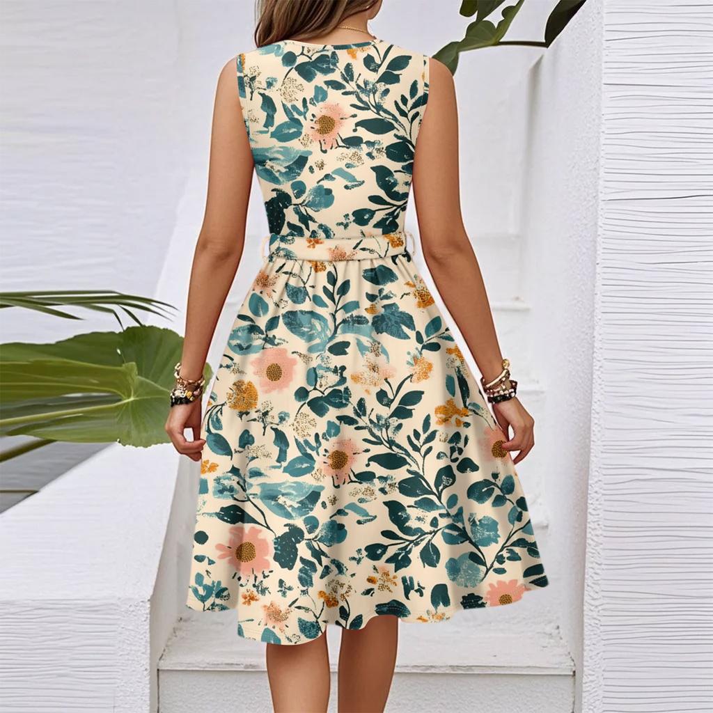 Damen Frühling und Sommer Casual V-Ausschnitt Ärmellose Taille Blumendruck Midikleid