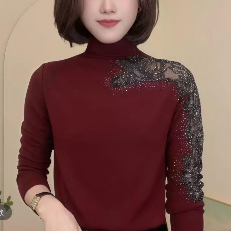 

Spring and Autumn New Fashion German Velvet Warm Hollow Bottom Shirt Women s Semi-turtleneck Elegant Long Sleeve Top 4XL