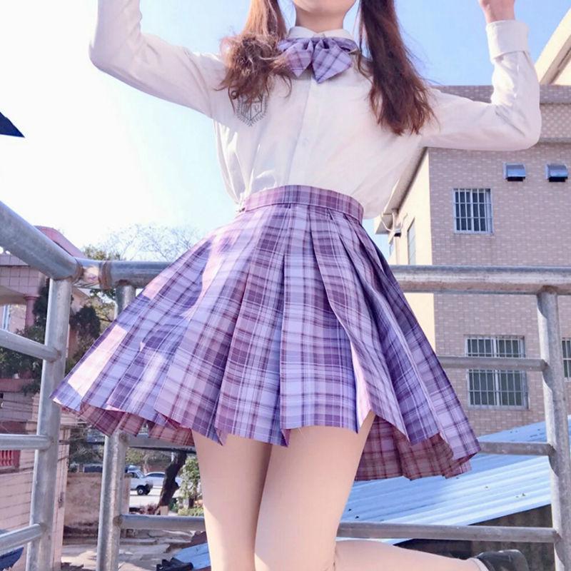 Japanese JK Sailor Suit: Teen Spring/Summer Full Set with Embroidered Shirt & Pleated Grid Skirt
