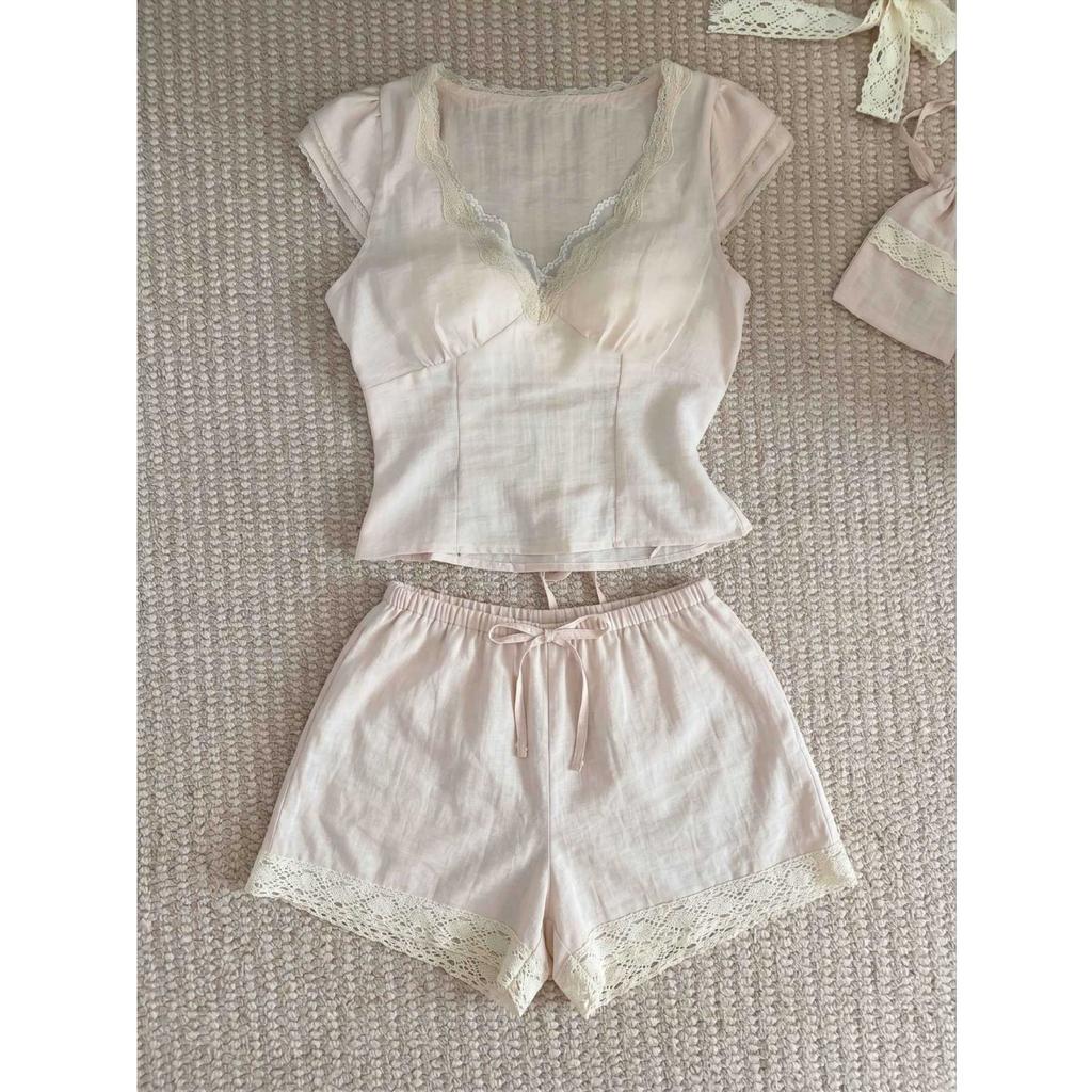 Simple lace lace with chest pad short-sleeved pajamas women's summer comfortable and skin-friendly shorts loungewear set can go out