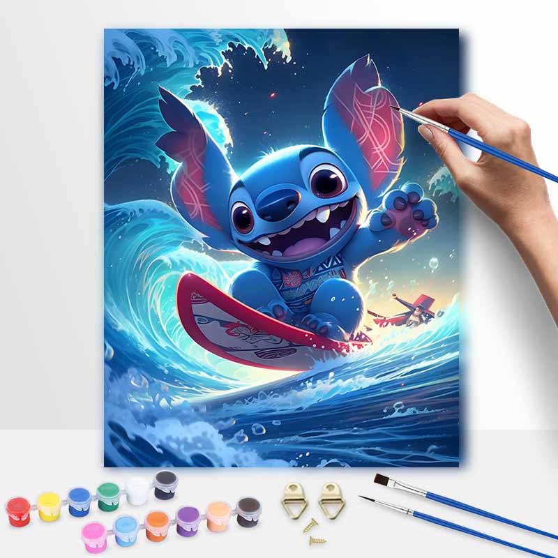 Disney digital oil painting Stitch surfing waves art handmade diy gift home decoration