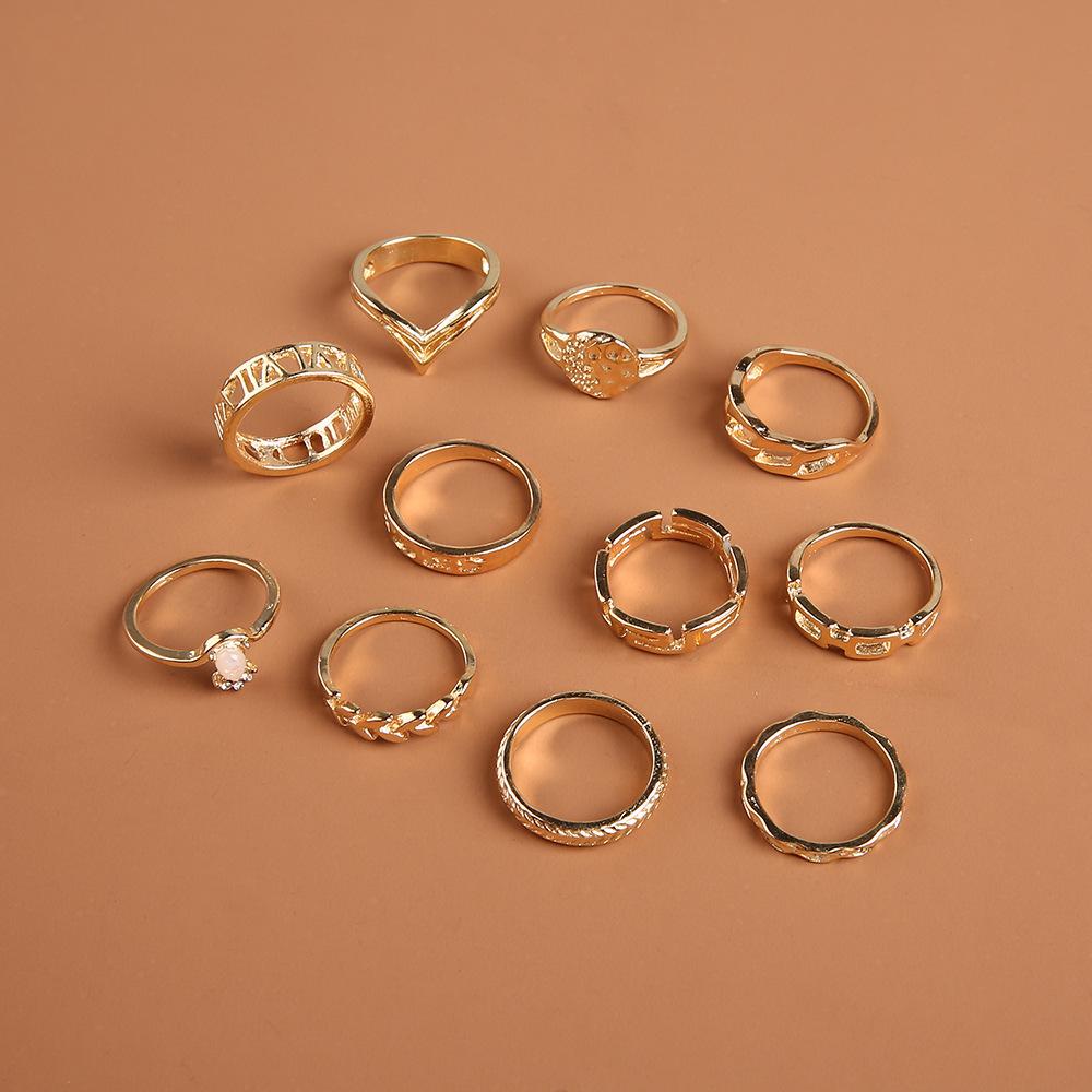 Golden Ring 11-Piece Set, Simple Style, Fashionable And Creative Retro Geometric Ring Set