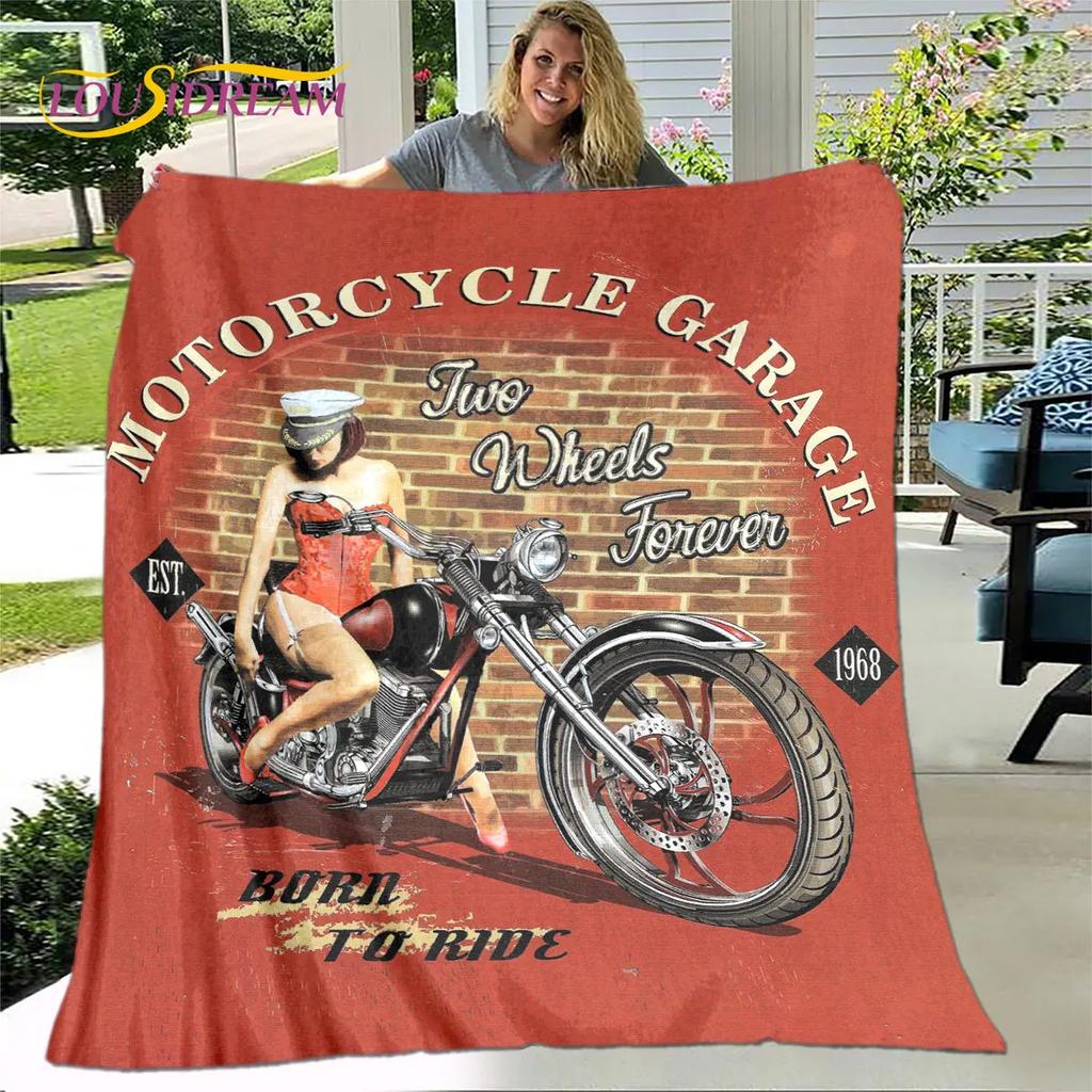 Retro Vintage Motorfiets schedel Zachte Pluche Deken, Flanellen Deken Worpdeken voor Woonkamer Slaapkamer Bed Sofa Picknick Deksel