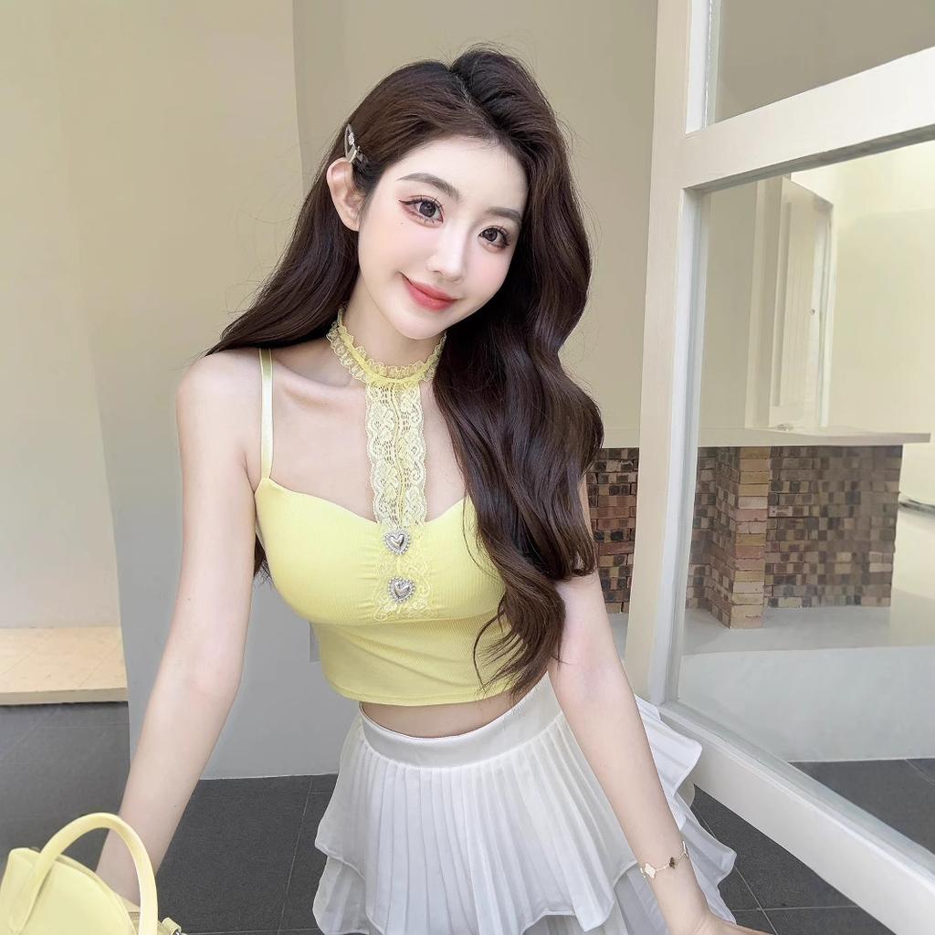 #Human Cotton Top, Short Slim-fit Sling Vest, Neck-hanging Love Buckle, Decorative Niche Splicing Lace