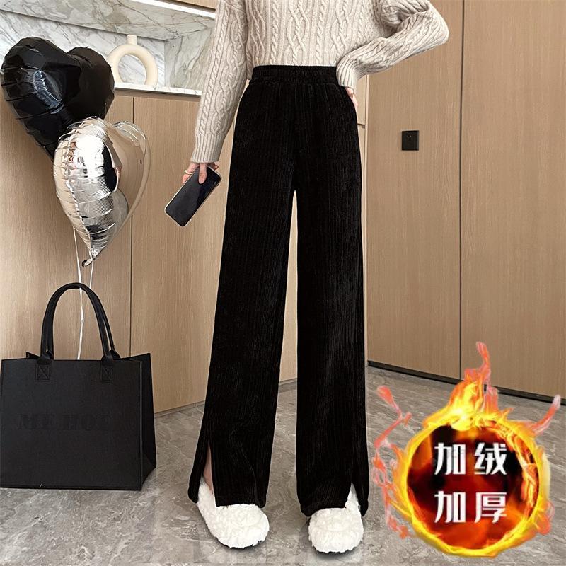 

Плюшевые спортивные штаны женские осенне-зимние с высокой талией, свободные брюки с широкими штанинами, с разрезом, облегающие брюки в пол XL чёрный