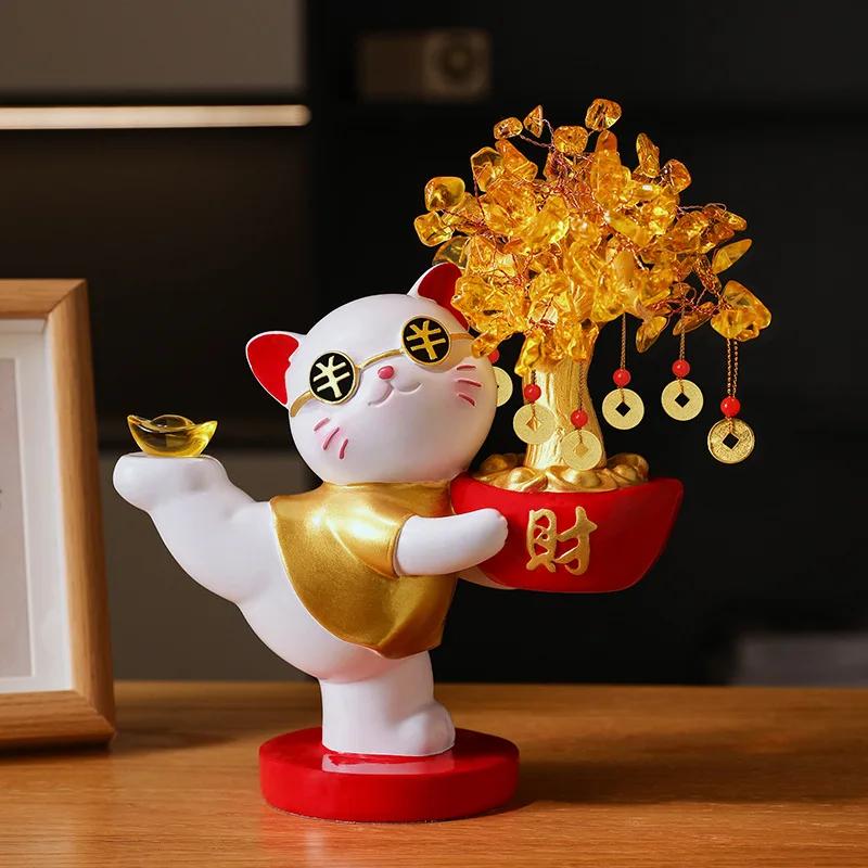 Fortune Cat Crystal Fortune Tree Decoration Gift for High End New House Relocation Gift