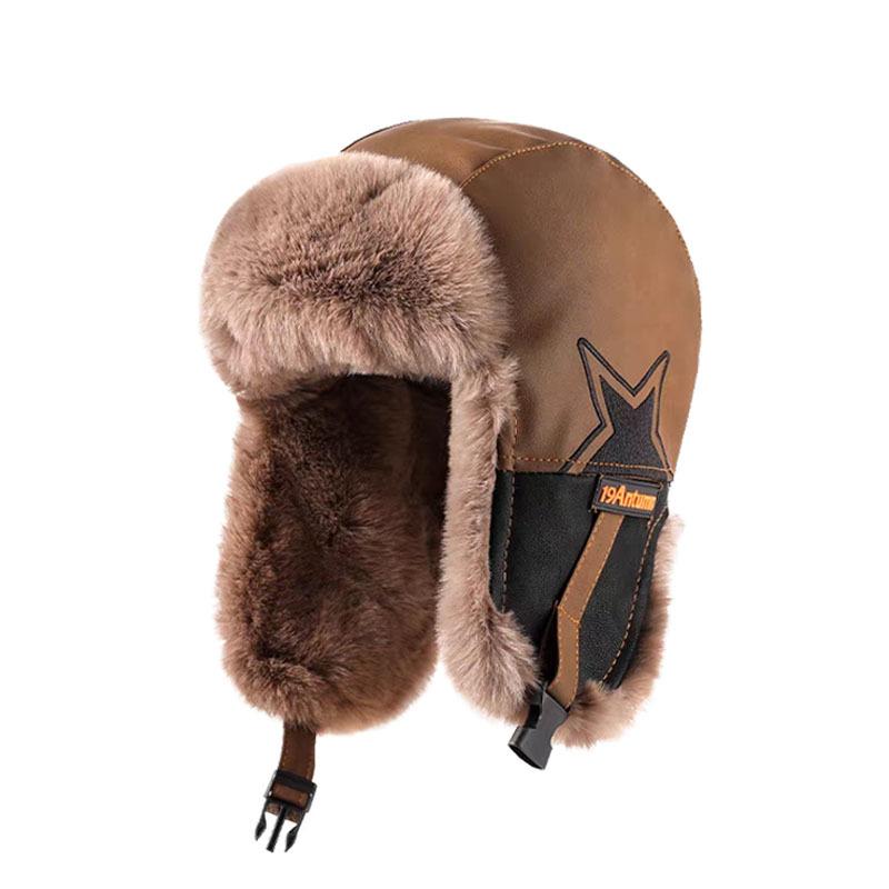 Cap Men's and Women's Winter Velvet Thickened Warm Cycling Ear Hat Leather Color Matching Five-star Pilot Hat
