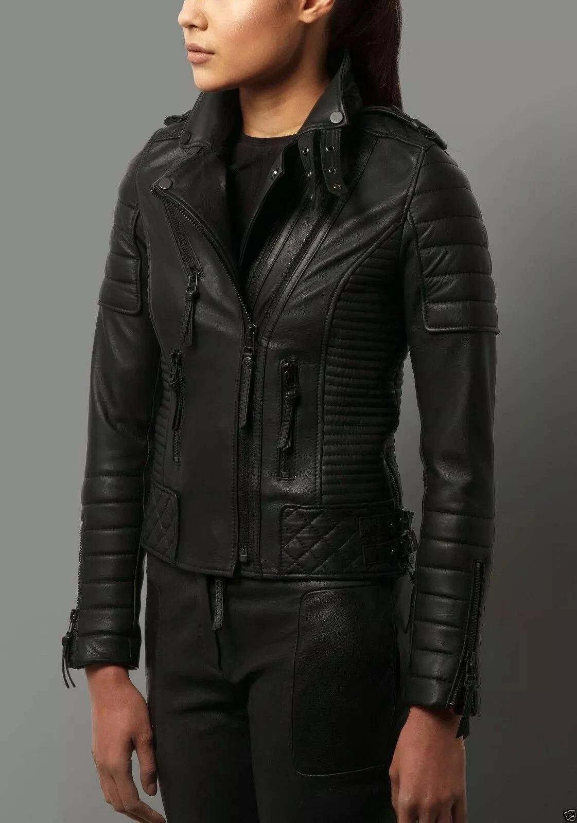 

Настоящая мягкая овечья кожа Мотоциклетная повседневная черная женская куртка Байкер Стильная 3XL чёрный