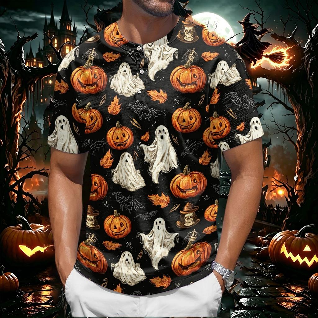 Men's Halloween Printed Crew Neck Short Sleeve Shirt Casual Loose Fit Top with and Pumpkin Pattern for Holiday