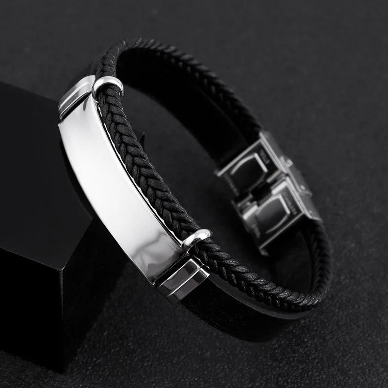 Punk Custom Double Layer Leather Bracelet Men Logo Name Engrave Luxury Handmade Women Rope Id Bracelets Jewelry