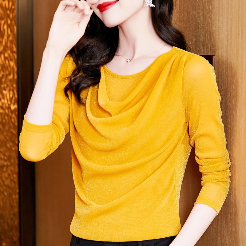 Round Neck Bright Silk Long Sleeve Pullover T-shirt for Women In Autumn New Style Celebrity Top Fashionable Base Shirt