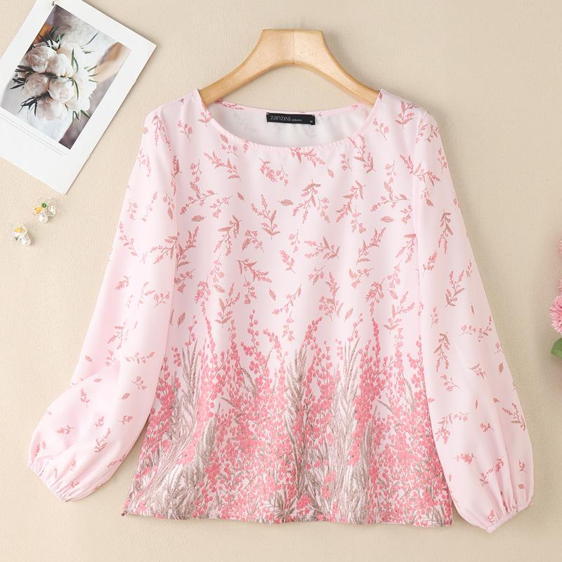 

ZANZEA Женская повседневная блузка с круглым вырезом, свободного кроя, с длинным рукавом и принтом L розовый