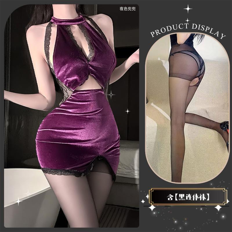 Sexy underwear sexy hot lace splicing velvet temperament gathering and thin purple classical neck cheongsam