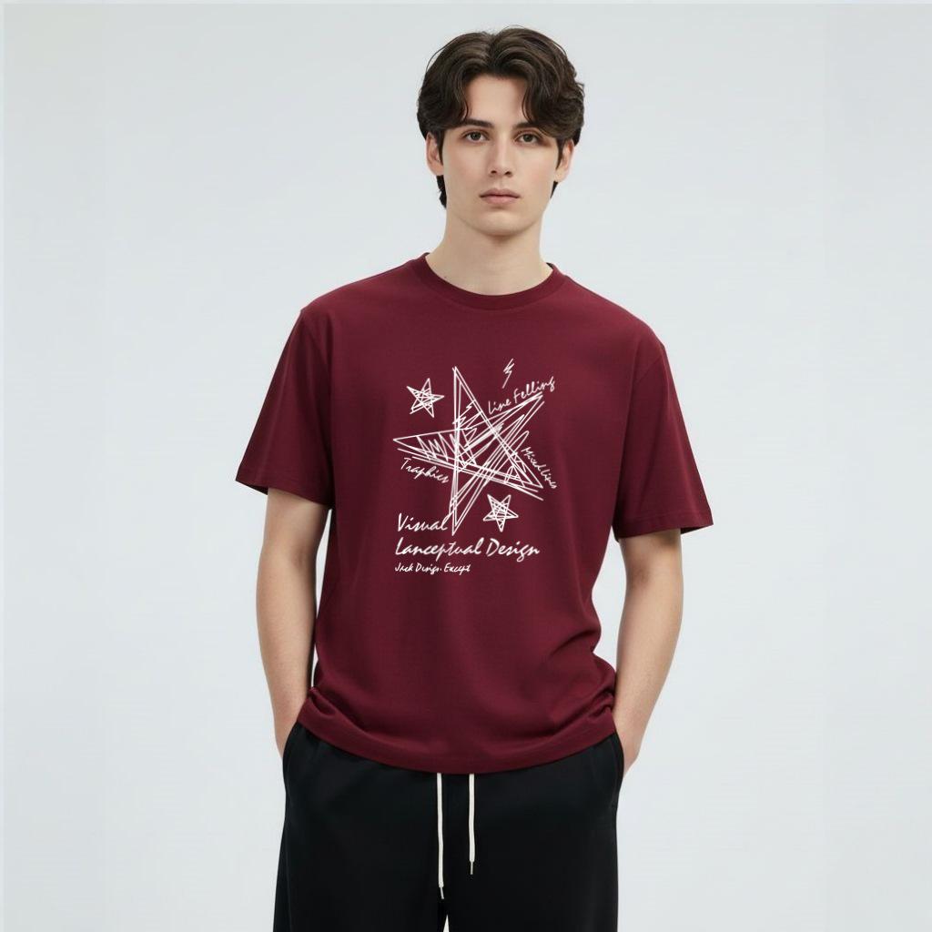 

American Trendy Letter Print Cotton Short Sleeve Slimming Top Men 2XL for 151-170 lbs вино красного