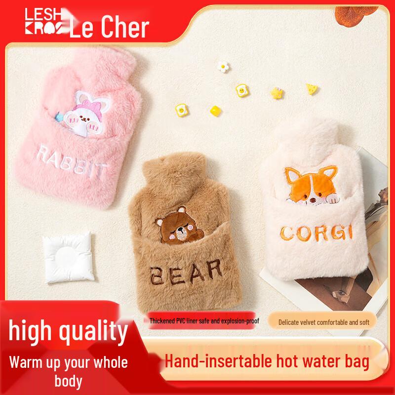 Lexue'er Large Hot Water Bottle with Rabbit Fur Hand Warmer Cover