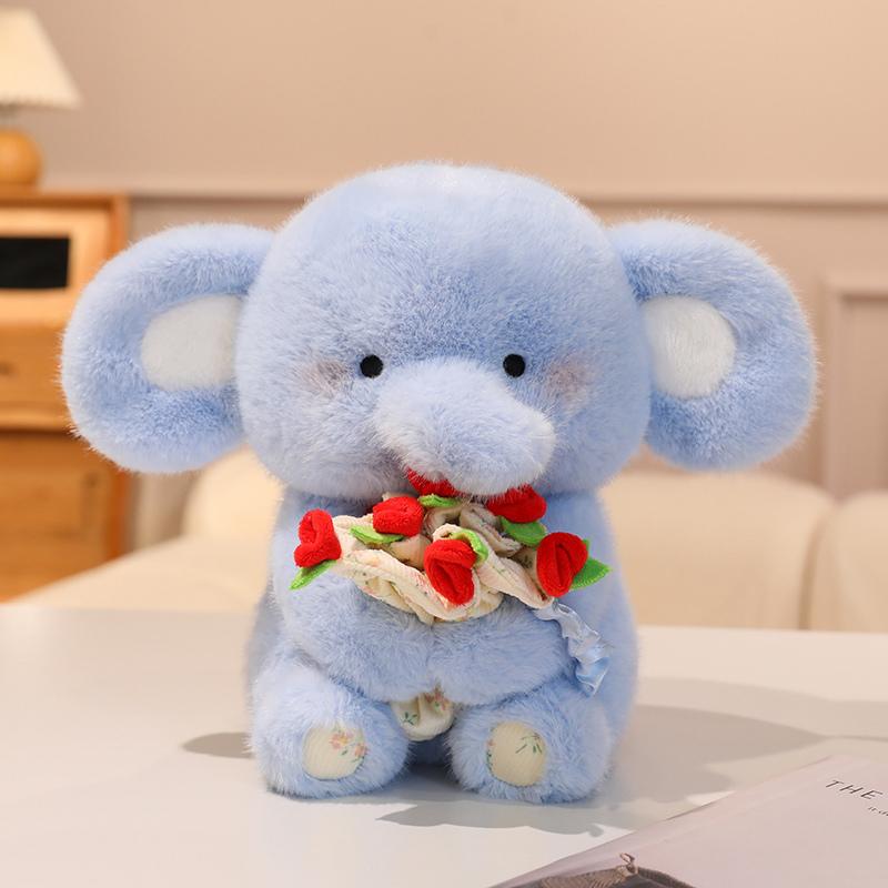 Adorable Sweet Elephant Hold Rose Bouquet Plush Doll Soft Stuffed Little Elephant With Flower Plushie Toy Cute Gift For Kids