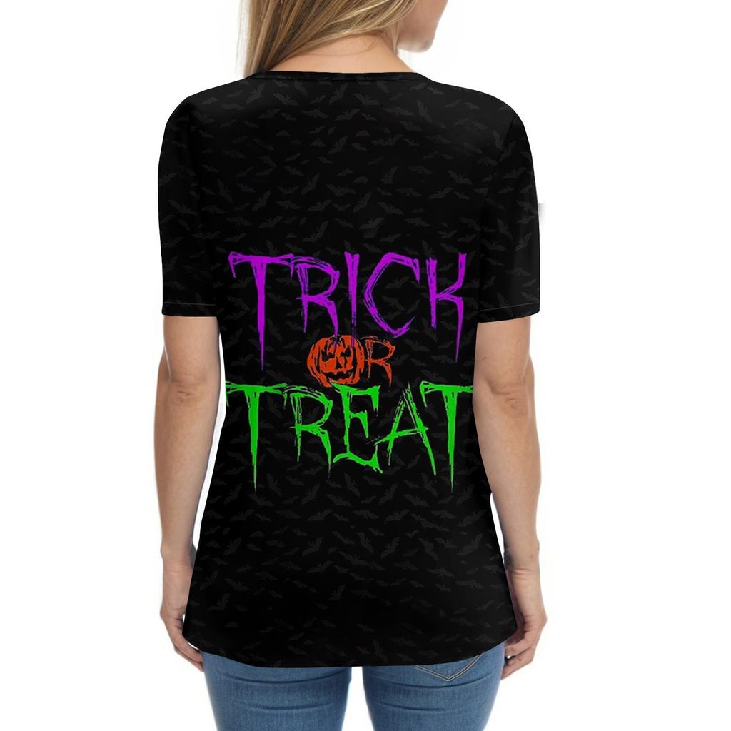 Women's T Shirt Tee Halloween Printed Button Short Sleeve Tunic Daily Weekend Fashion Basic V- Neck Regular Top