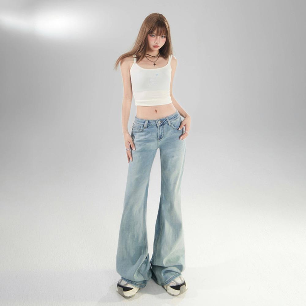 Women's Low Rise Flare Jeans Loose Bootcut Light Blue Denim Pants Two Length High Stretch Summer Casual Trousers