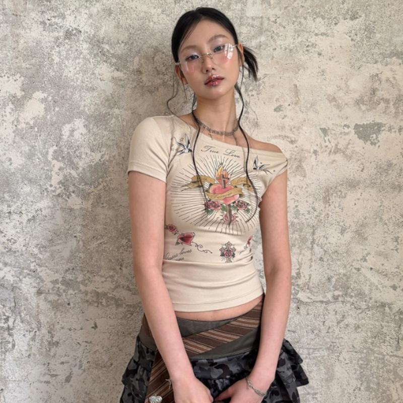 

Девушки Y2K Футболки с коротким рукавом с принтом Летние футболки для женщин Сексуальные футболки Повседневные футболки XL хаки