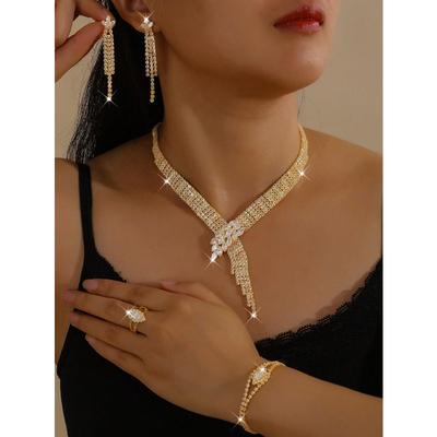 Elegant Geometric Zirconia Jewelry Set: Necklace, Earrings, Bracelet, Ring