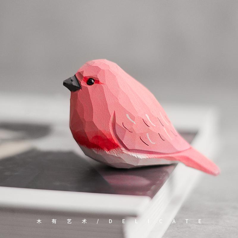 Pink Moe Fat Joy Bird Wood Carved Ornaments Handmade Cute Little Fat Bird Pure Handmade Birthday Gift Things For Room Decoration