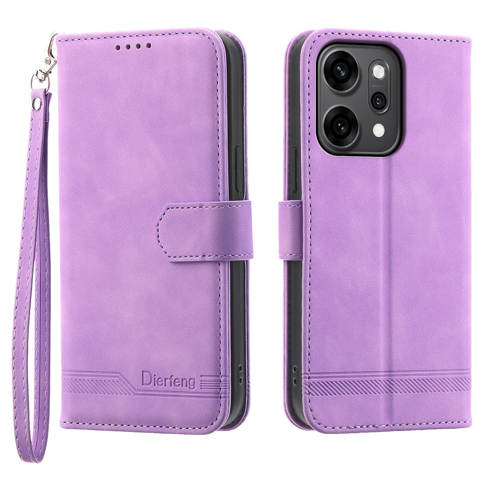 

DIERFENG DF-03 For Oppo Reno14 Pro 5G (Global) Case Lines Imprint Wallet Leather Phone Cover with Wrist Strap Purple