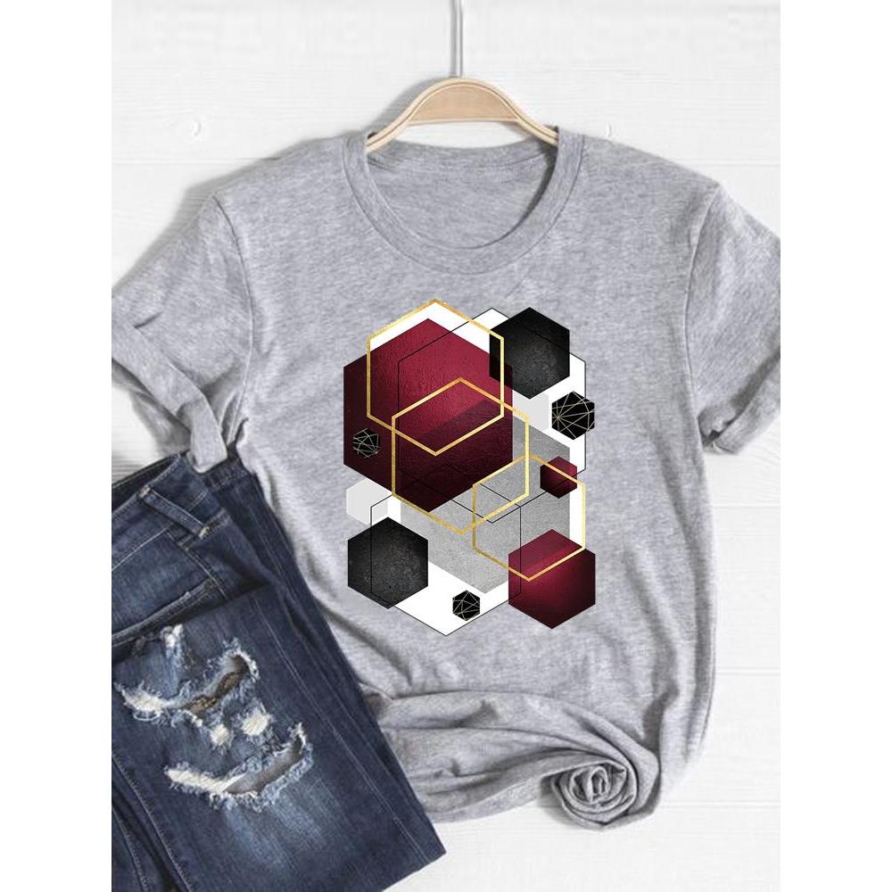 Print T Shirt Short Sleeve Flower Vintage Cute 90s Summer Top Fashion Clothes Women Clothing Gray Basic Tee Graphic T-shirt