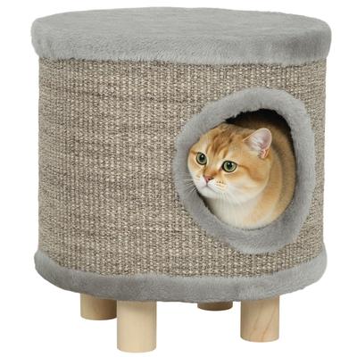 Cat House 3 In 1 Footstool Ottoman Cat Bed with Scratcher Wooden Legs Feather 36x36x38 Cm Grey