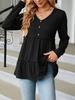 2024 Autumn/Winter V-neck Button Patchwork Loose Long Sleeve T-shirt