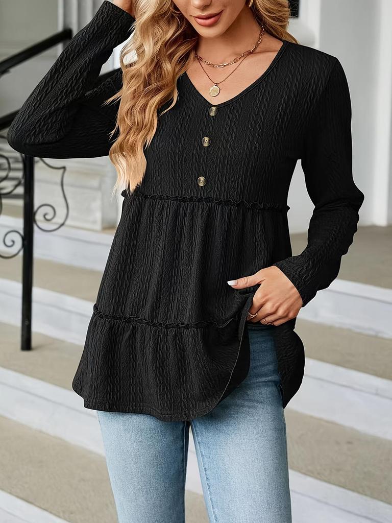2024 Autumn/Winter V-neck Button Patchwork Loose Long Sleeve T-shirt