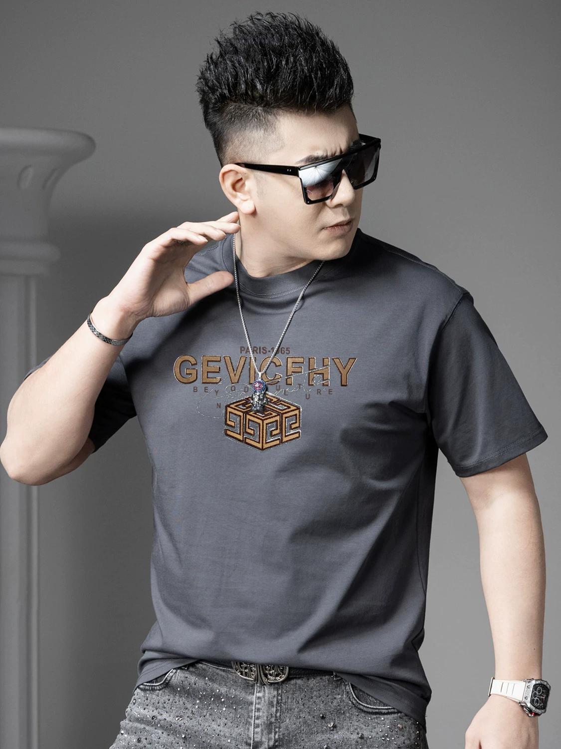 

Ozhouzhan 2025 Summer New Men s round Neck Short sleeve T-shirt Trendy Print Hot Drilling Top Half Sleeve T-shirt Men M серый