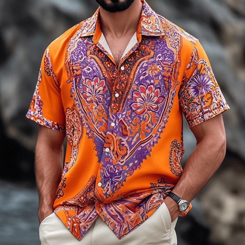 Men's Vintage Boho Paisley Print Short Sleeve Shirt, Retro Ethnic Button-Down Spring Summer Top