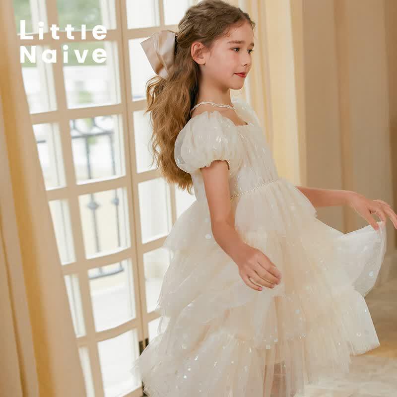 Little Naive Girls' Glimmering Mesh Princess Cake Dress