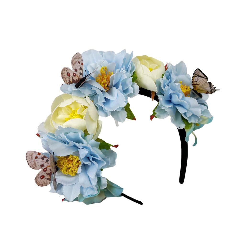 Fabric Flower Headband for Music Festival with Butterfly Decors Music Festival Accessory Hairhoop Wedding Bride Headwear