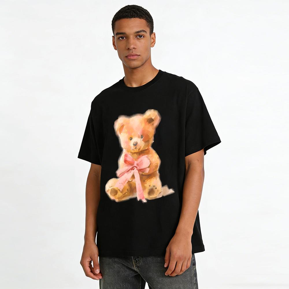 Oil Painting Style Cute Teddy Bear Print Casual Top Unisex Loose Fit Daily Wear T-Shirt Pure cotton T-shirt