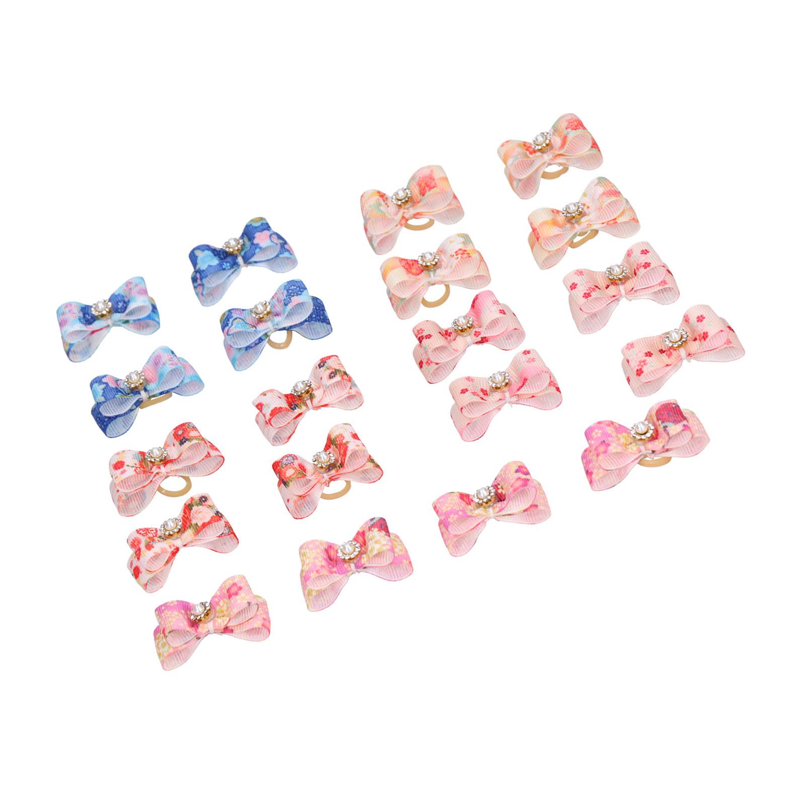 

20 Pcs Puppy Hair Bows Cute Pet Bowknot Hair Grooming Accessories with With Rubber Bands Rhinestone Pearls