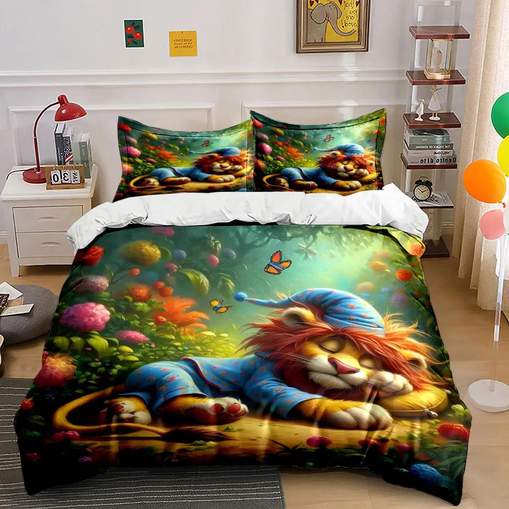 Colorful Lion Pajama Set Decor Bedding Set with 1 Duvet Cover 2 Pillowcases Single Double King Queen Gift