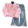 Autumn 2025 Fashionable Girls' Knitted Three-Piece Set: Sweater Vest, Shirt, and Jeans