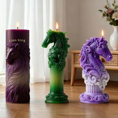 Classical Horse Head Scented Candle Mold Lion King Totem Roman Pillar Silicone Mold DIY Relief Wax Craft Maker for Home Decor