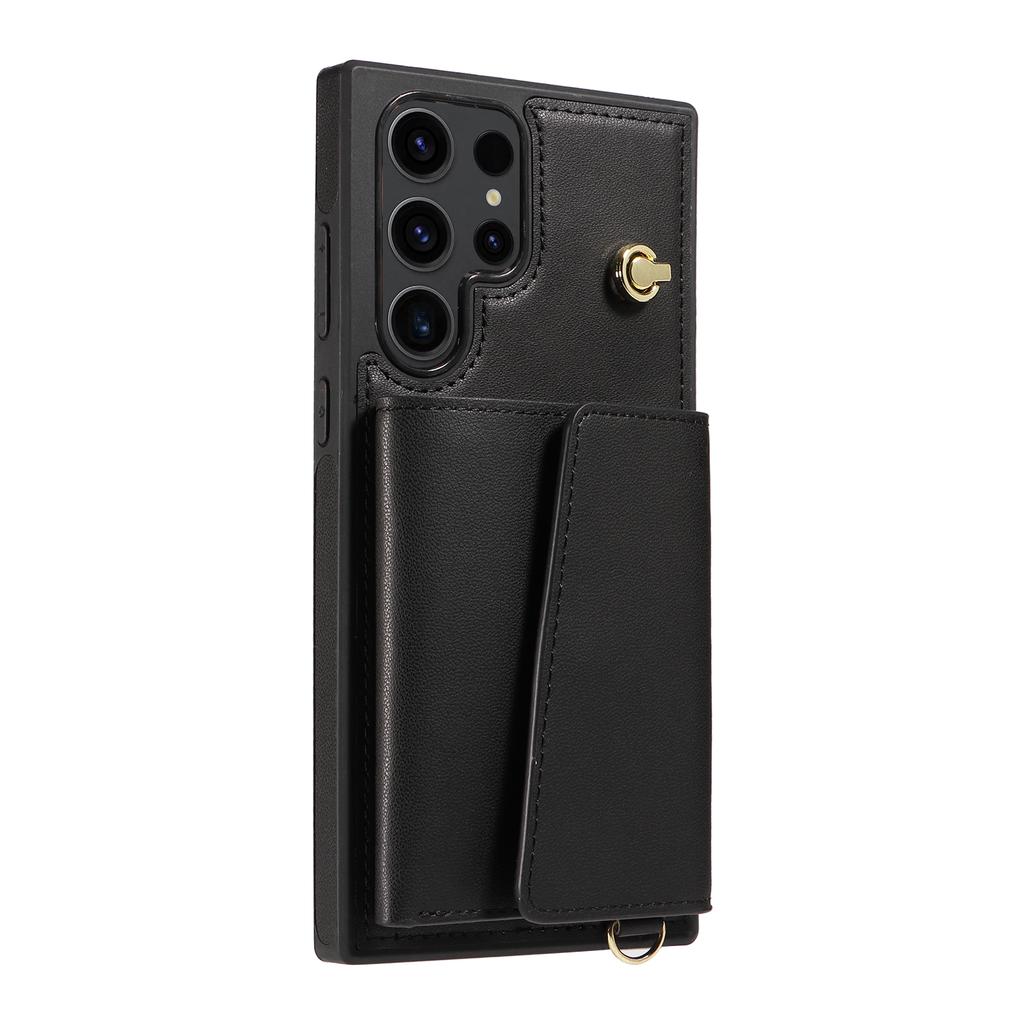 For Samsung Galaxy S23 Ultra Crossbody Phone Case Card Holder Kickstand Leather Coated TPU Mobile Cover