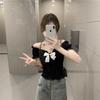 Black Bow Front Shoulder Short-sleeved T-shirt Women's Summer New Design Sense Slim and Thin Versatile Short Top